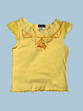 Y2K Yellow Lace Sequin Fairy Baby Tee